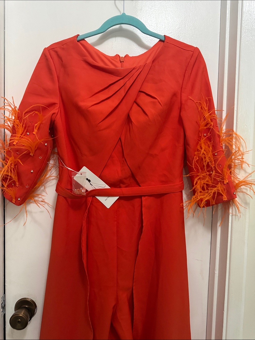 Red Feather Sleeve Evening Jumpsuit - Picture 5 of 6